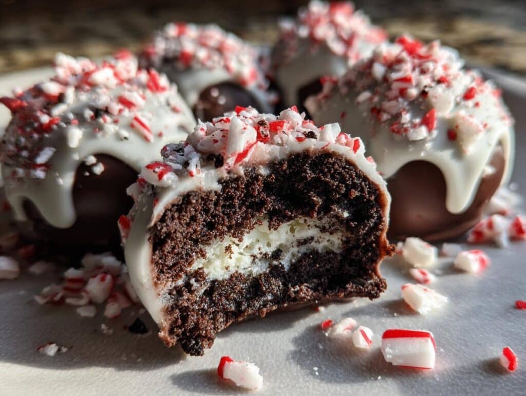 Close-up of a Peppermint Oreo Ball cut in half, revealing the creamy center and peppermint topping.