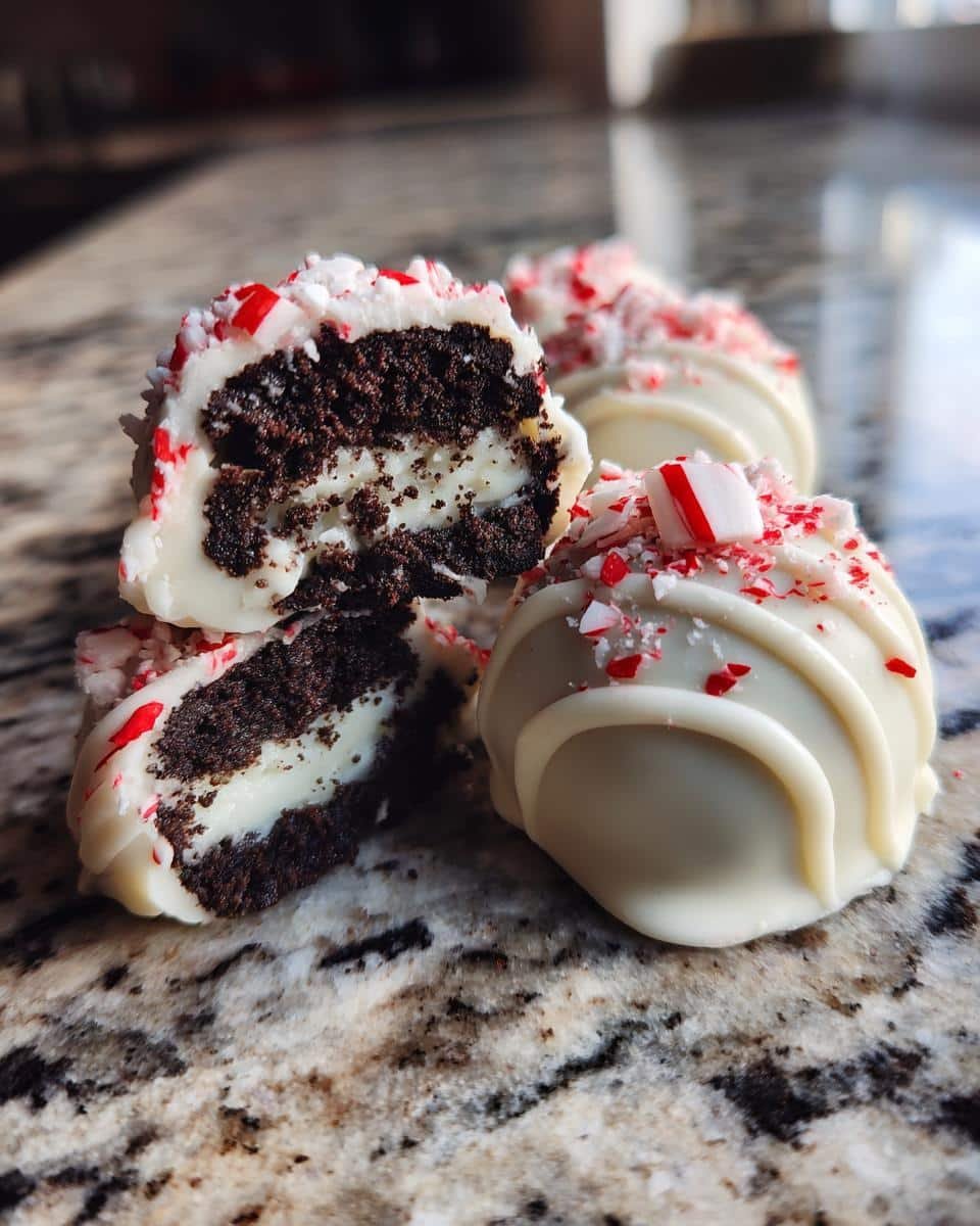 Peppermint Oreo Balls Recipe: 5 Irresistible Steps 7 Close-up of Peppermint Oreo Balls Recipe showing the inside layers of Oreo and cream cheese, coated in white chocolate and peppermint.