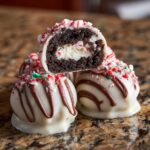 Close-up of Peppermint Oreo Balls Recipe treats, one cut in half to show the Oreo and peppermint filling.
