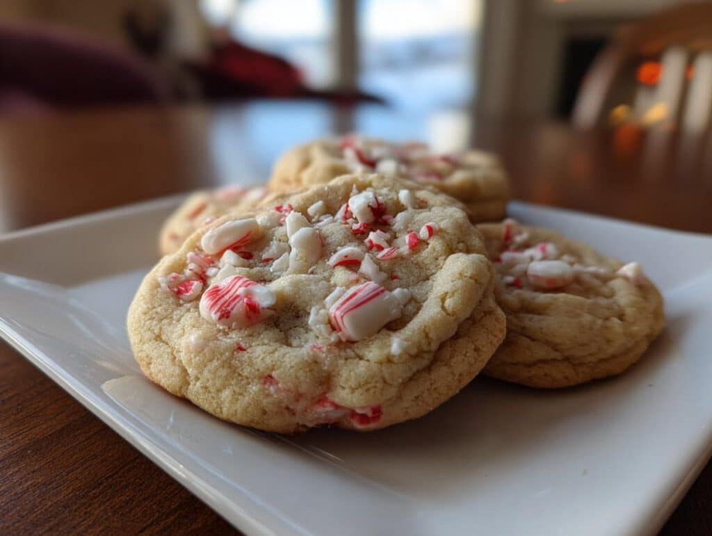 Close-up of homemade Peppermint Sugar Cookies on a white plate, topped with crushed candy canes.