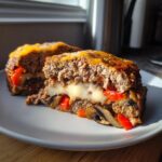 A slice of Philly Cheesesteak Meatloaf filled with cheese, peppers, and mushrooms.
