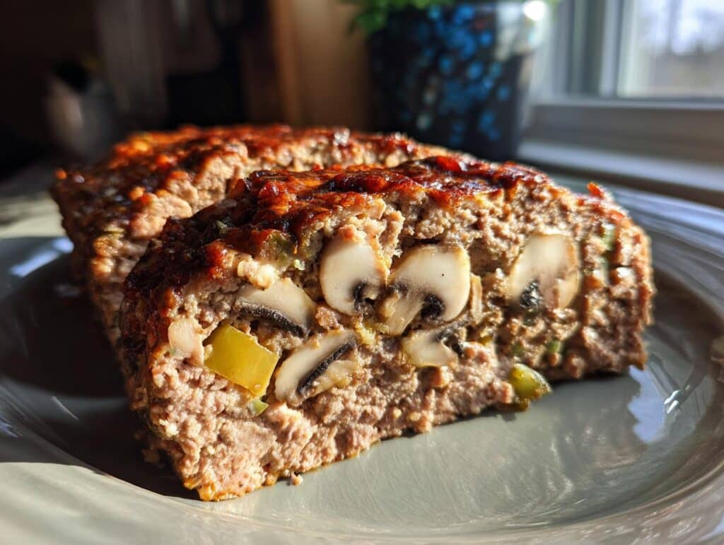 A slice of Philly Cheesesteak Meatloaf with mushrooms and peppers on a plate.