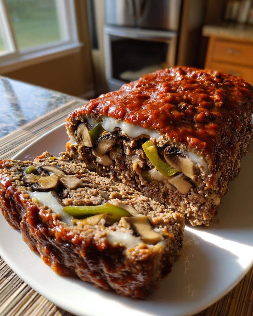 Ultimate Philly Cheesesteak Meatloaf: A 60-Minute Dish 6 A slice of Philly Cheesesteak Meatloaf, showing the layers of meat, cheese, mushrooms, and peppers.