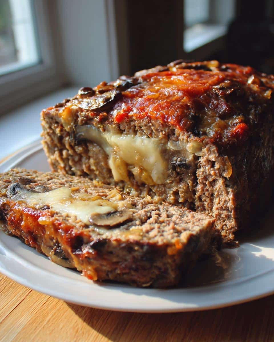 Ultimate Philly Cheesesteak Meatloaf: A 60-Minute Dish 8 A slice of Philly Cheesesteak Meatloaf with melted cheese and mushrooms on a white plate.