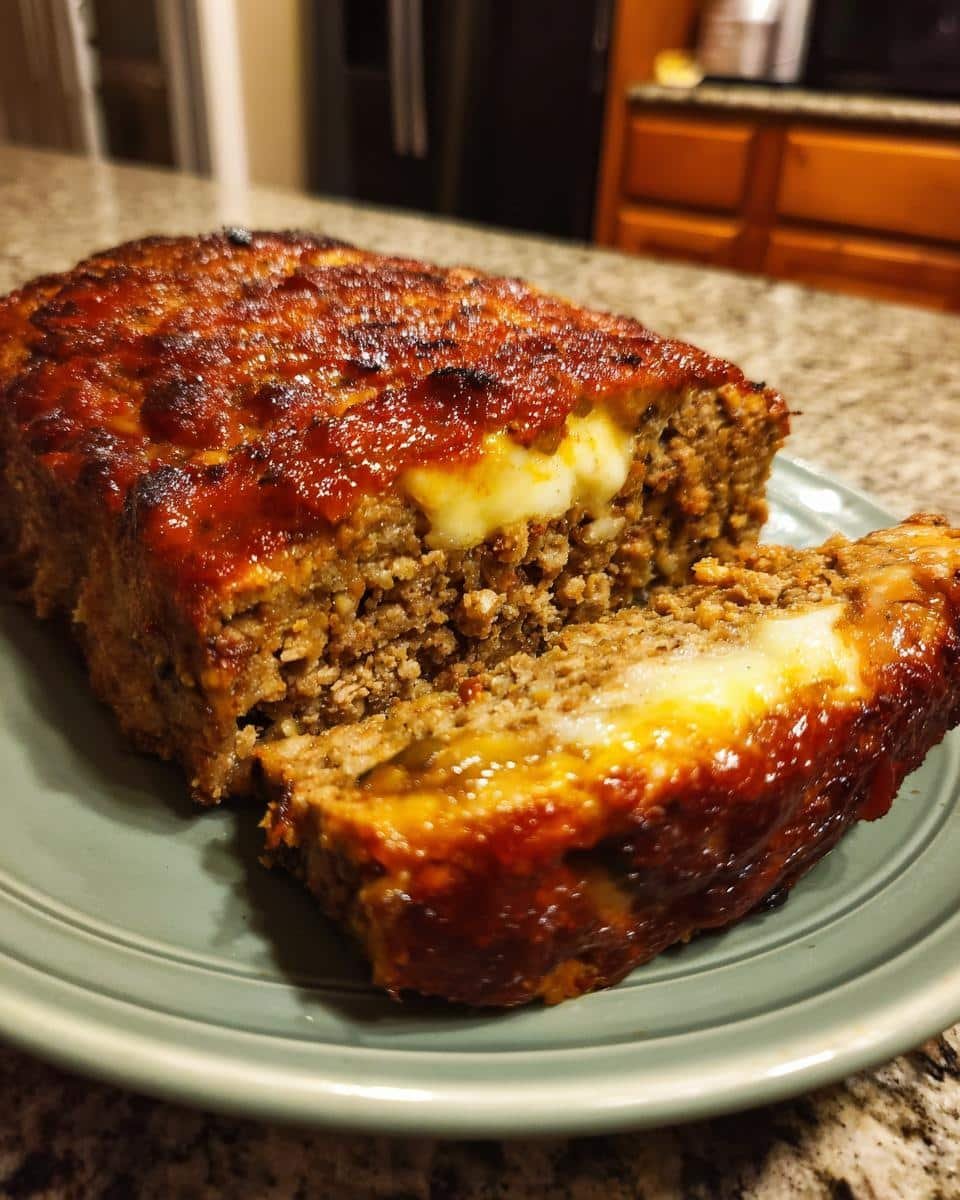 Ultimate Philly Cheesesteak Meatloaf: A 60-Minute Dish 9 A sliced Philly Cheesesteak Meatloaf showing melted cheese inside, on a green plate.