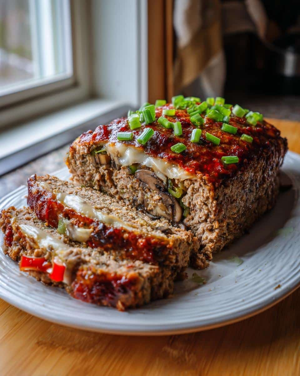 Ultimate Philly Cheesesteak Meatloaf: A 60-Minute Dish 7 Slices of Philly Cheesesteak Meatloaf with melted cheese, peppers, mushrooms, and green onions on a white plate.