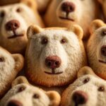 Close-up of several cute Polar Bear Cookies with detailed facial features and textured "fur".