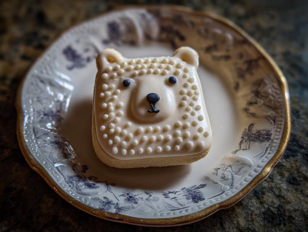 A decorated polar bear cookie on a decorative plate. The polar bear cookies are iced and decorated with small dots.