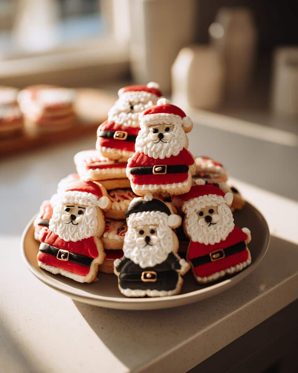 Adorable Puppy Santa Butter Cookies: 1 Delightful Recipe 8 Festive Puppy Santa Butter Cookies piled on a plate, decorated with red and black icing.