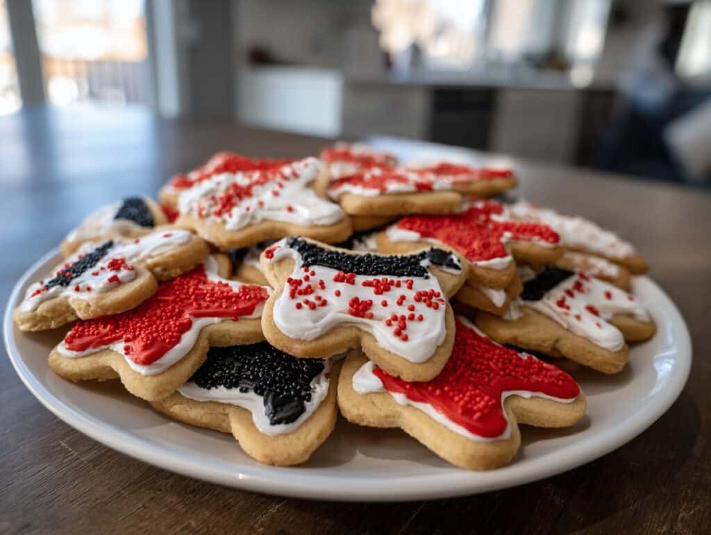 A plate piled high with Puppy Santa Butter Cookies, decorated with red, white, and black icing and sprinkles.