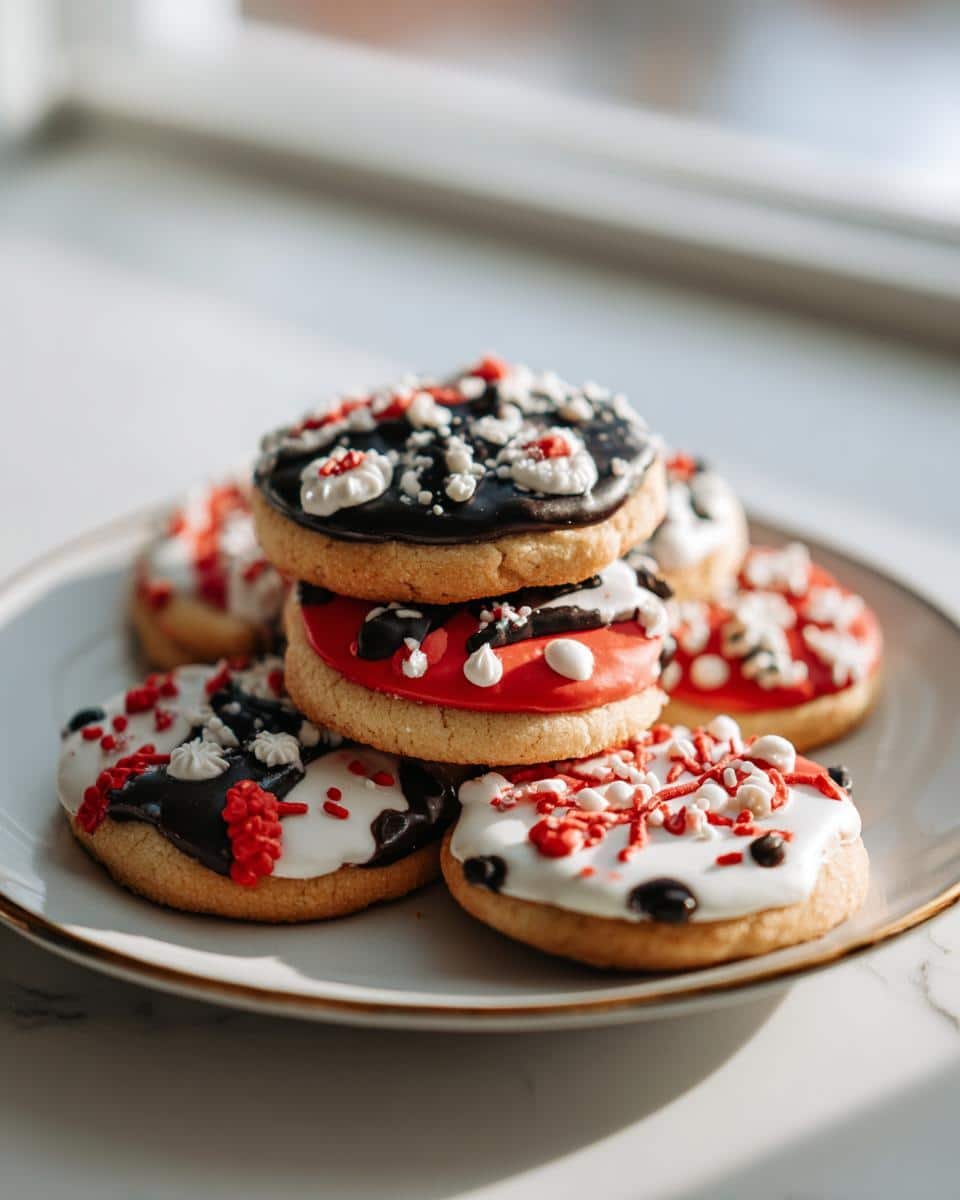 Adorable Puppy Santa Butter Cookies: 1 Delightful Recipe 7 A stack of Puppy Santa Butter Cookies decorated with red, white, and black icing on a plate.