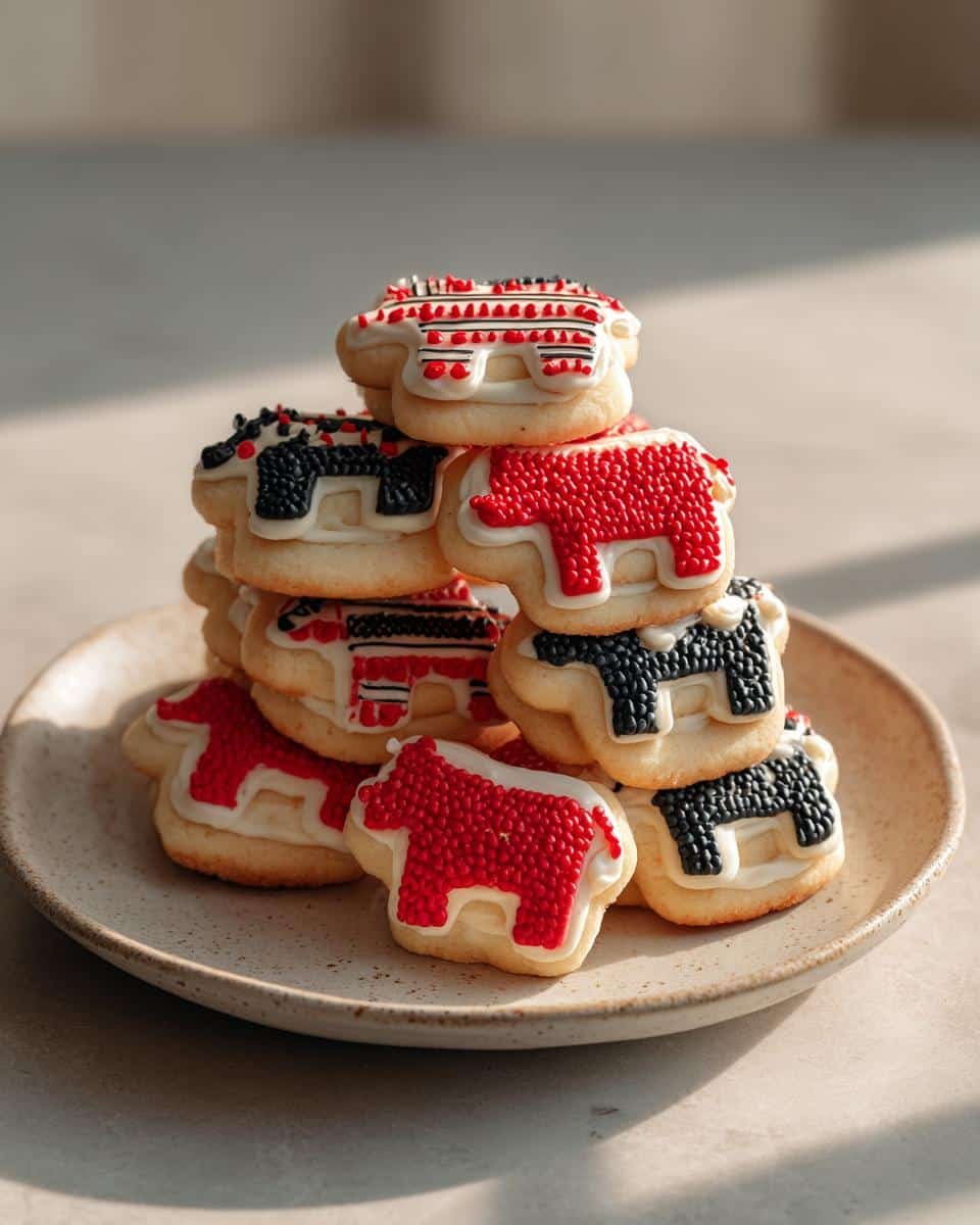 Adorable Puppy Santa Butter Cookies: 1 Delightful Recipe 9 A stack of Puppy Santa Butter Cookies decorated in red and black on a plate.