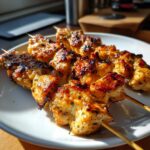 Close-up of Ranch Garlic Parmesan Chicken Skewers on a white plate, showing the golden-brown crust and herbs.
