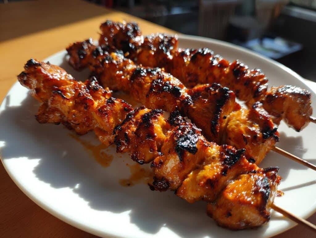 Three Ranch Garlic Parmesan Chicken Skewers on a white plate, showcasing their golden-brown, slightly charred exterior.