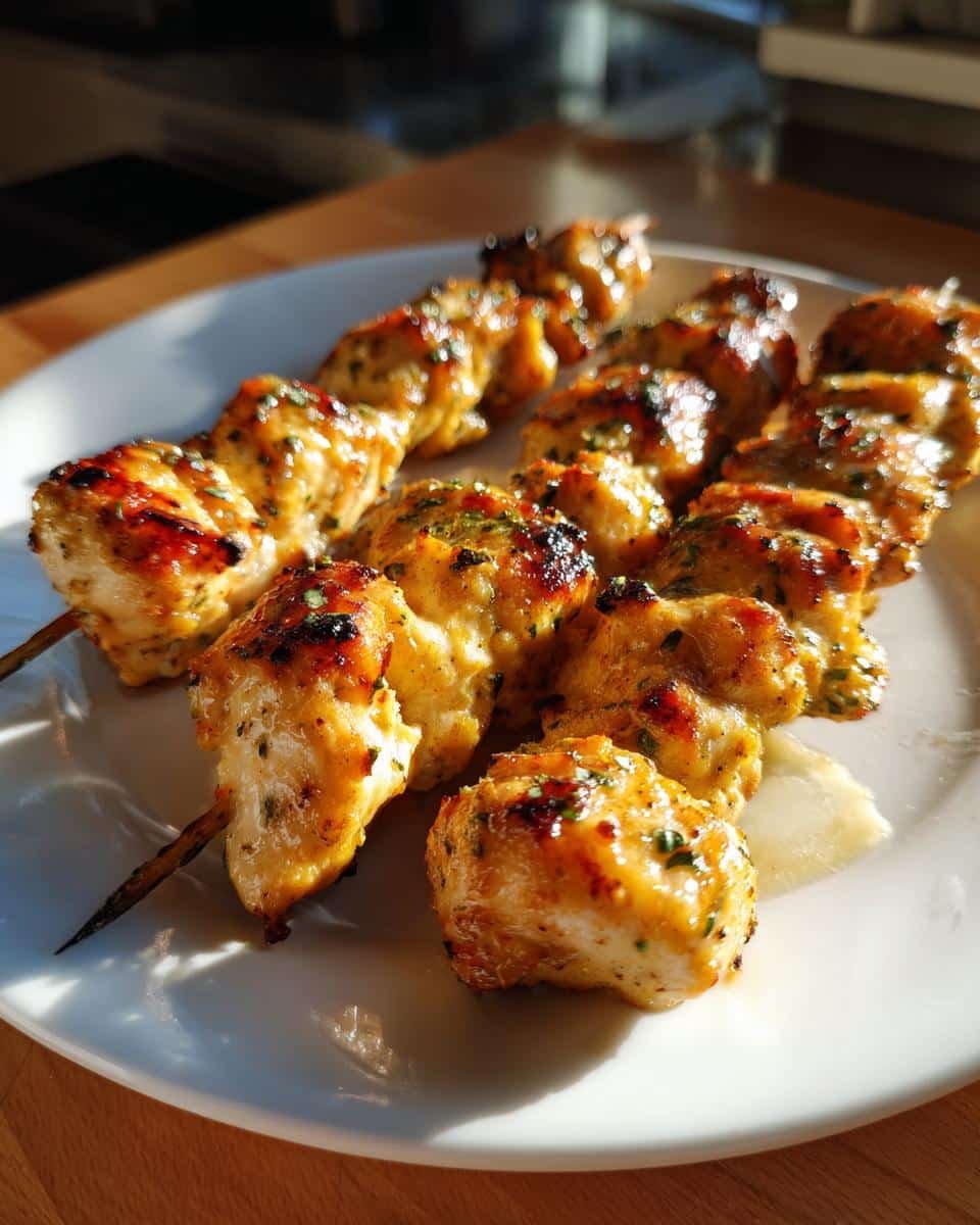 Easy Ranch Garlic Parmesan Chicken Skewers: 5 Tips 6 Two skewers of Ranch Garlic Parmesan Chicken Skewers on a white plate, ready to eat.