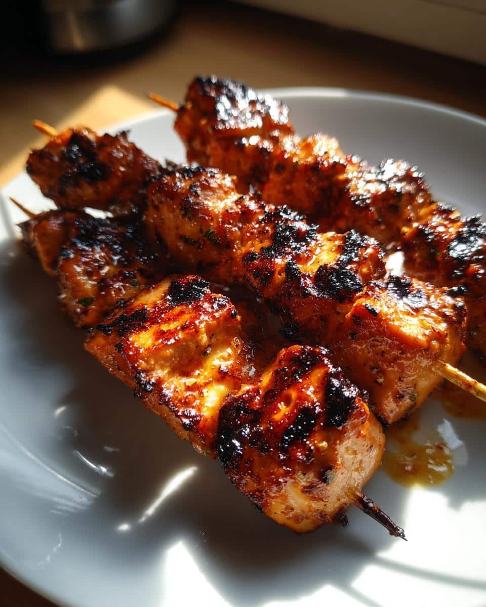 Easy Ranch Garlic Parmesan Chicken Skewers: 5 Tips 7 Three Ranch Garlic Parmesan Chicken Skewers on a white plate, grilled and glazed.