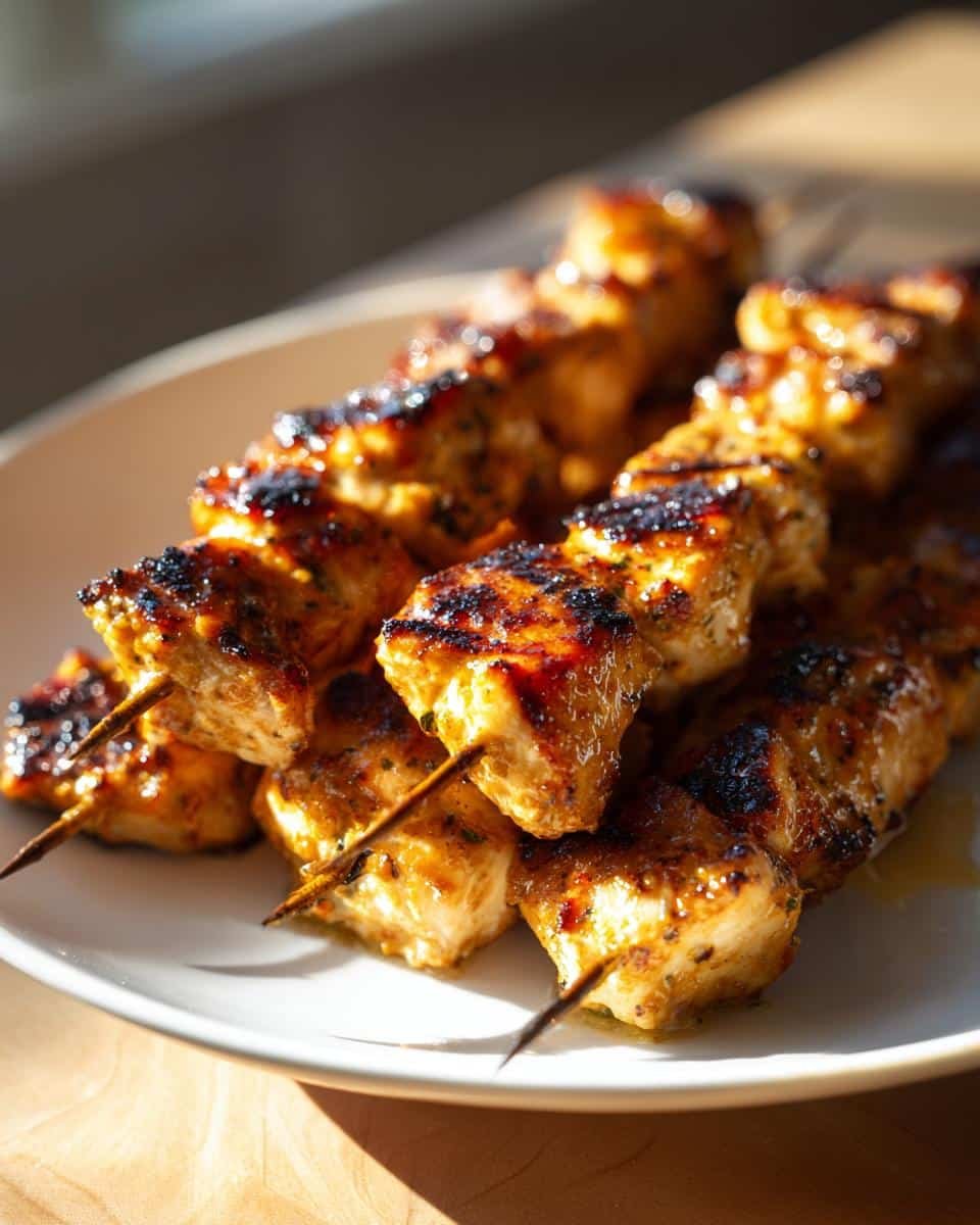 Easy Ranch Garlic Parmesan Chicken Skewers: 5 Tips 8 A plate of Ranch Garlic Parmesan Chicken Skewers, grilled to perfection with a golden-brown glaze.