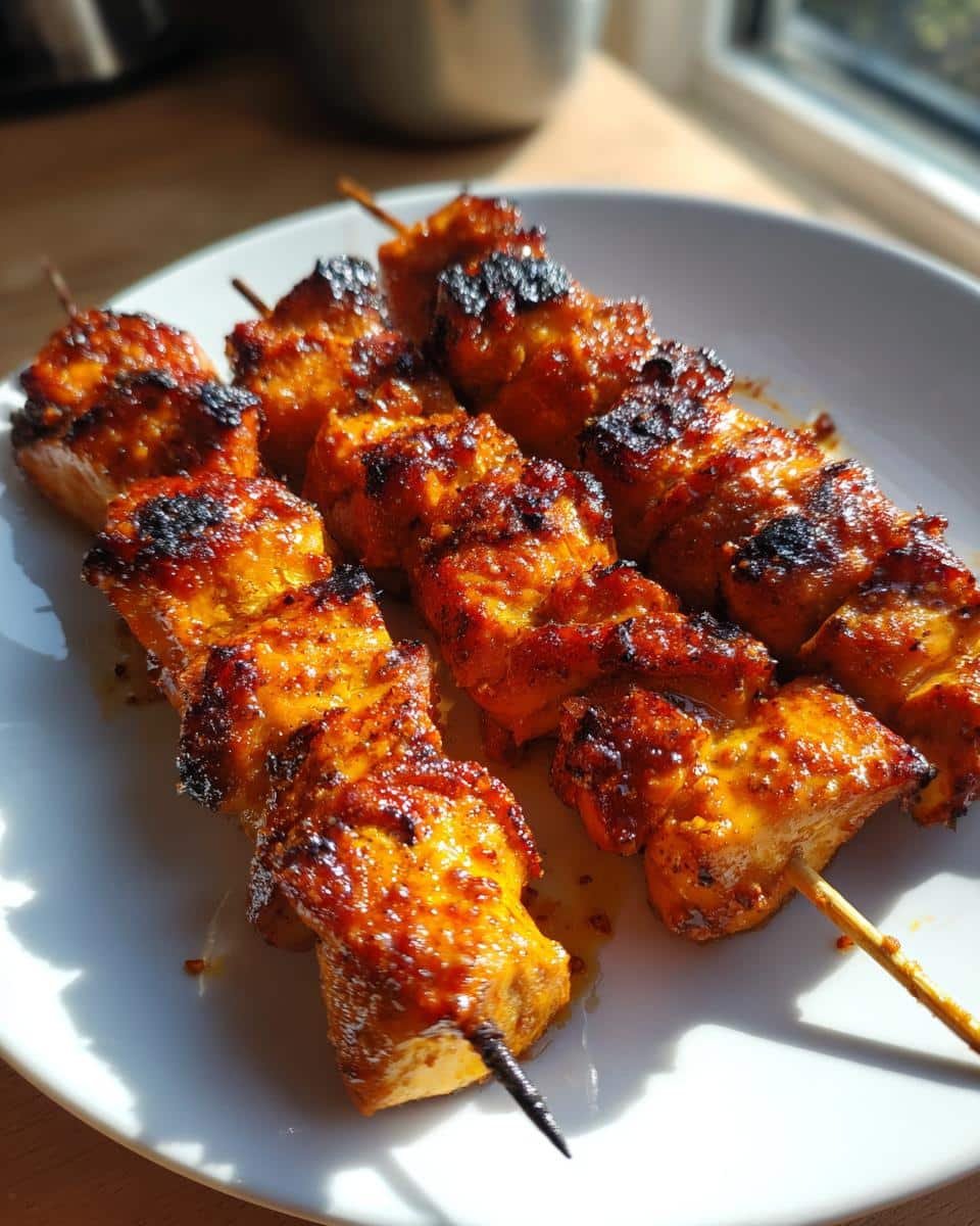 Easy Ranch Garlic Parmesan Chicken Skewers: 5 Tips 9 Close-up of Ranch Garlic Parmesan Chicken Skewers on a white plate, showing the grilled texture and glaze.