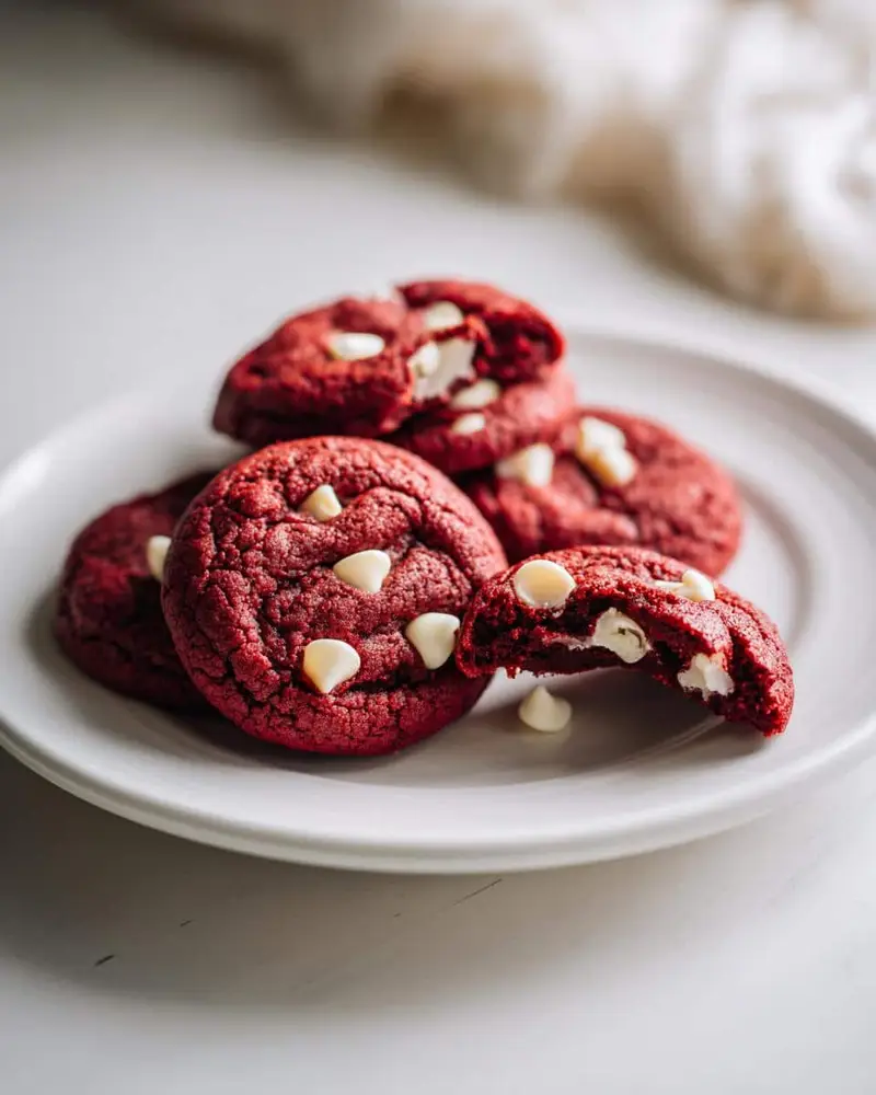 Unbeatable Red Velvet Cookies Recipe in Just 12 Steps 7 A plate of delicious homemade Red Velvet Cookies with white chocolate chips, one broken open to show the soft interior.