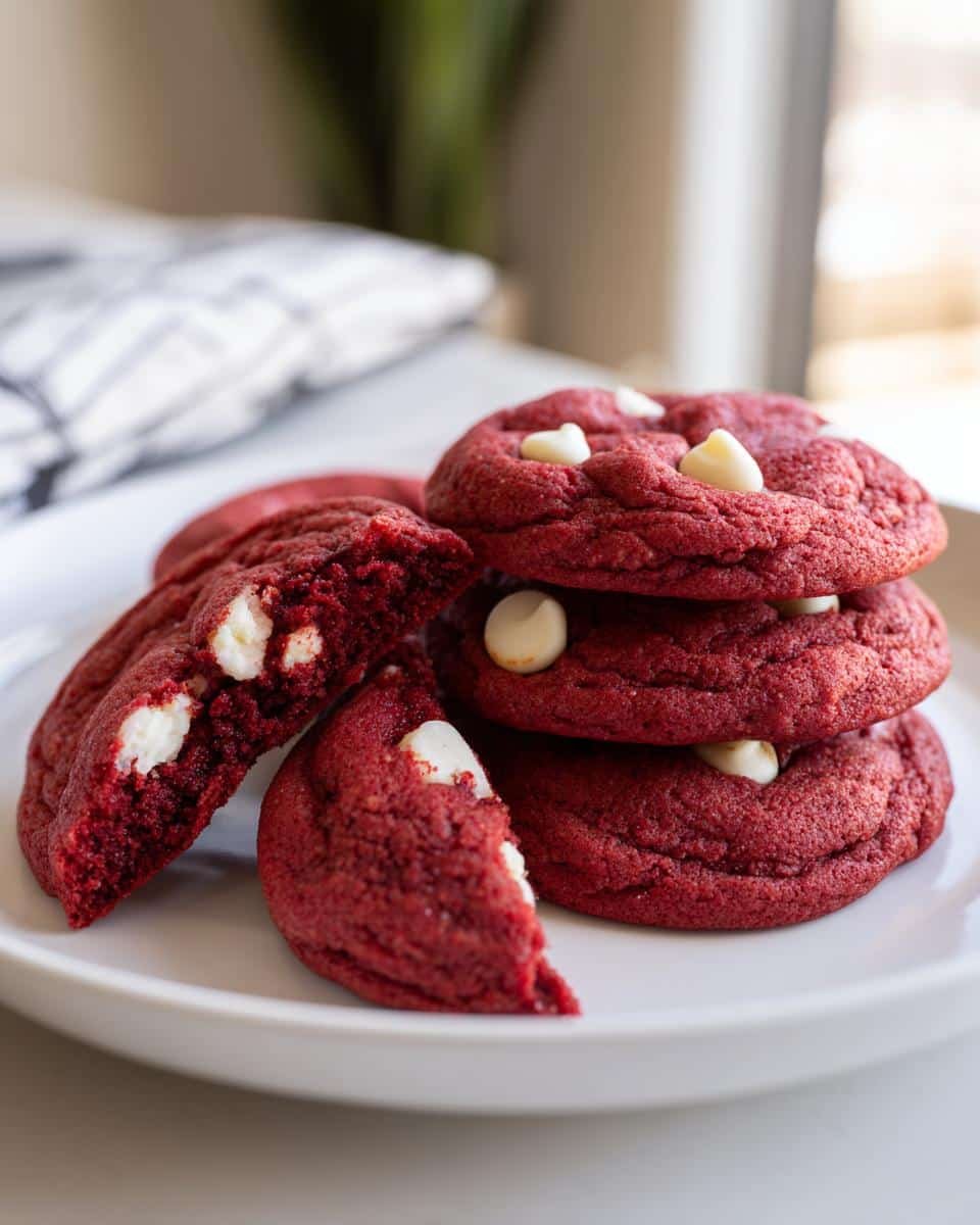 Unbeatable Red Velvet Cookies Recipe in Just 12 Steps 8 A stack of homemade Red Velvet Cookies with white chocolate chips on a white plate, one cookie broken in half.