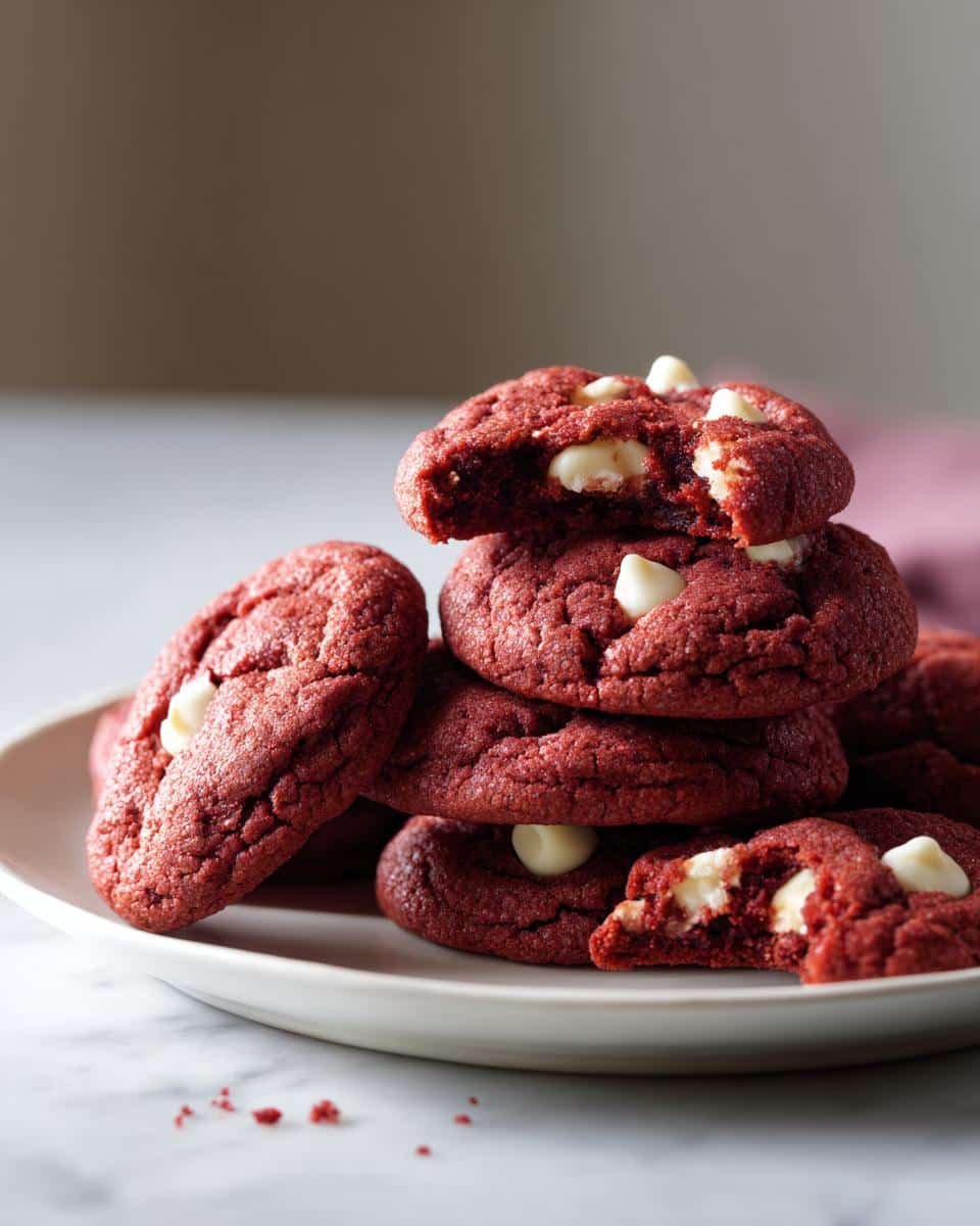 Unbeatable Red Velvet Cookies Recipe in Just 12 Steps 9 A stack of homemade Red Velvet Cookies with white chocolate chips on a white plate, one cookie broken in half.