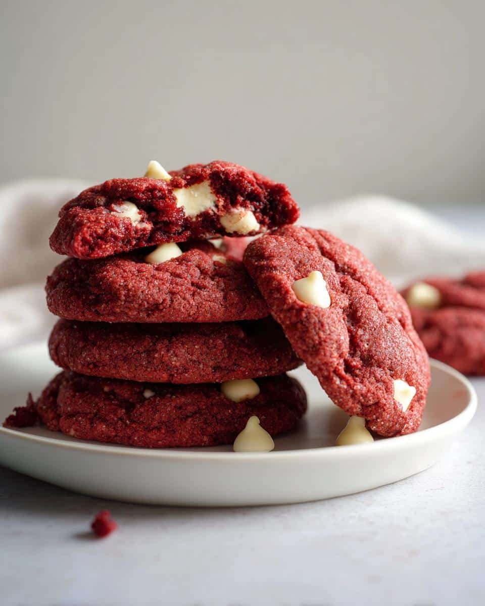 Unbeatable Red Velvet Cookies Recipe in Just 12 Steps 6 A stack of homemade Red Velvet Cookies with white chocolate chips on a white plate, one cookie broken in half.