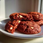 A stack of homemade Red Velvet Cookies with chunks of white chocolate on a white plate.