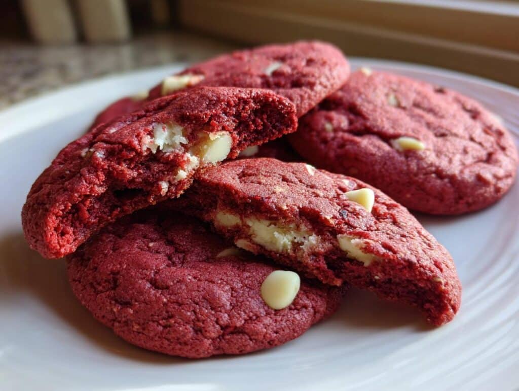 A tempting stack of Red Velvet Cookies with white chocolate chips, one cookie broken open to show the soft interior.