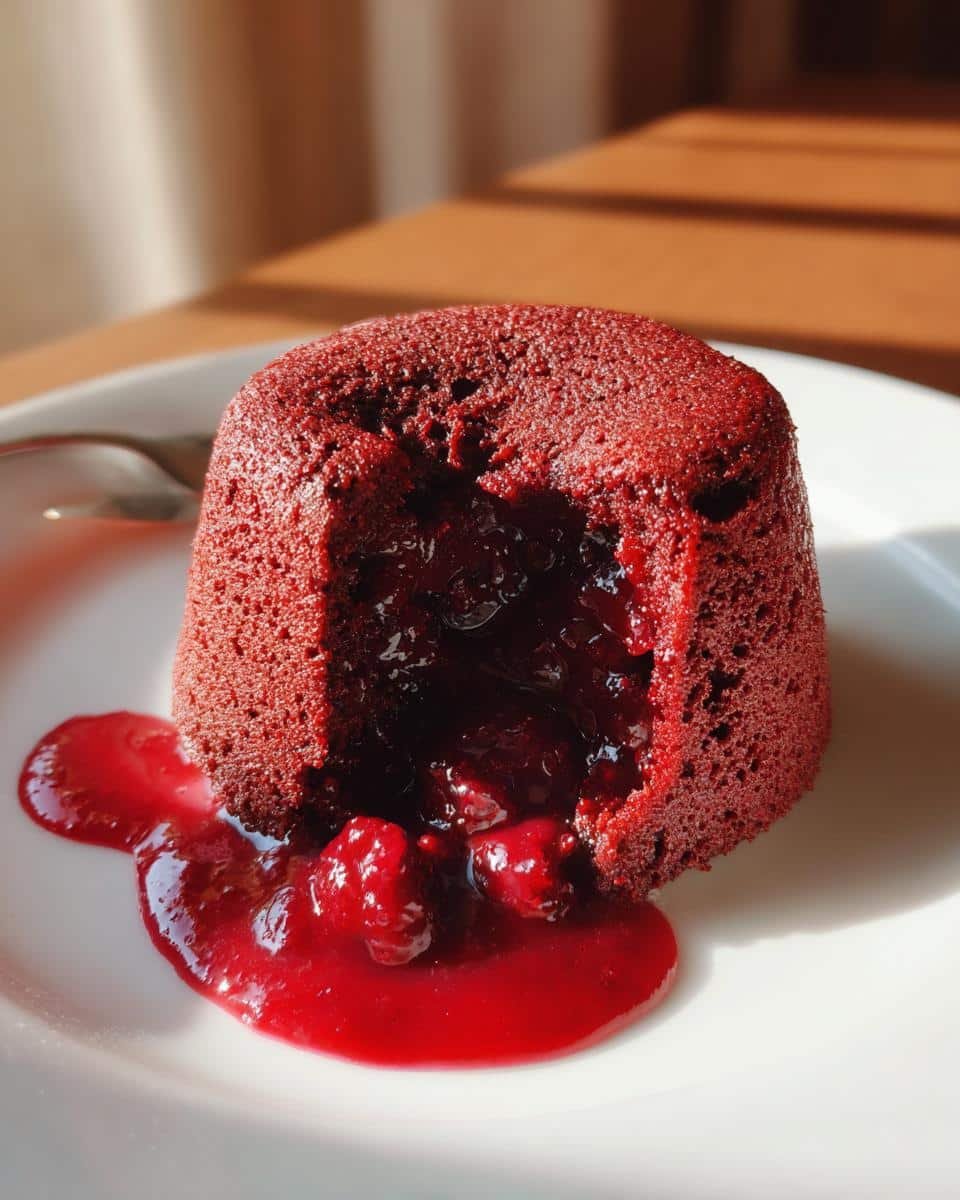 Devastatingly Delicious Red Velvet Self Saucing Puddings 8 A single Red Velvet Self Saucing Pudding on a white plate with a pool of red sauce.