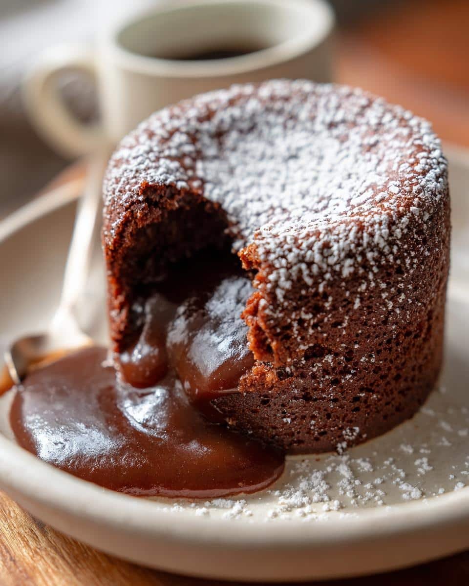 Devastatingly Delicious Red Velvet Self Saucing Puddings 6 Close-up of a Red Velvet Self Saucing Pudding with a molten center and powdered sugar dusting.