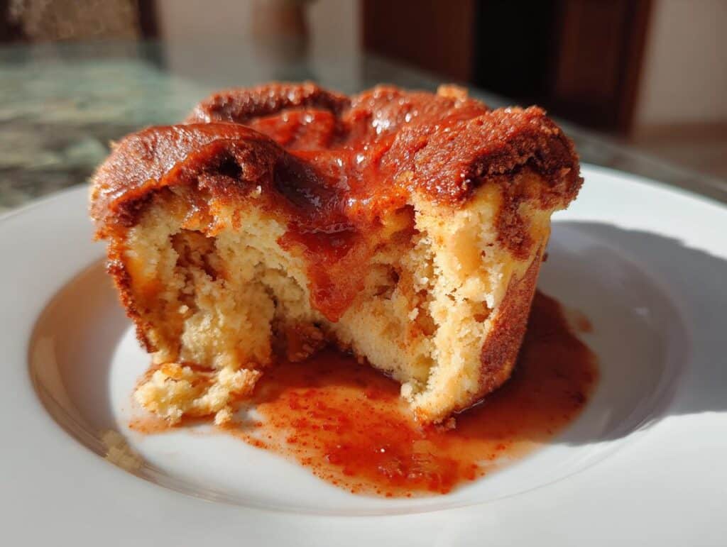 A close-up of a Red Velvet Self Saucing Pudding with a bite taken out, revealing the sauce on a white plate.