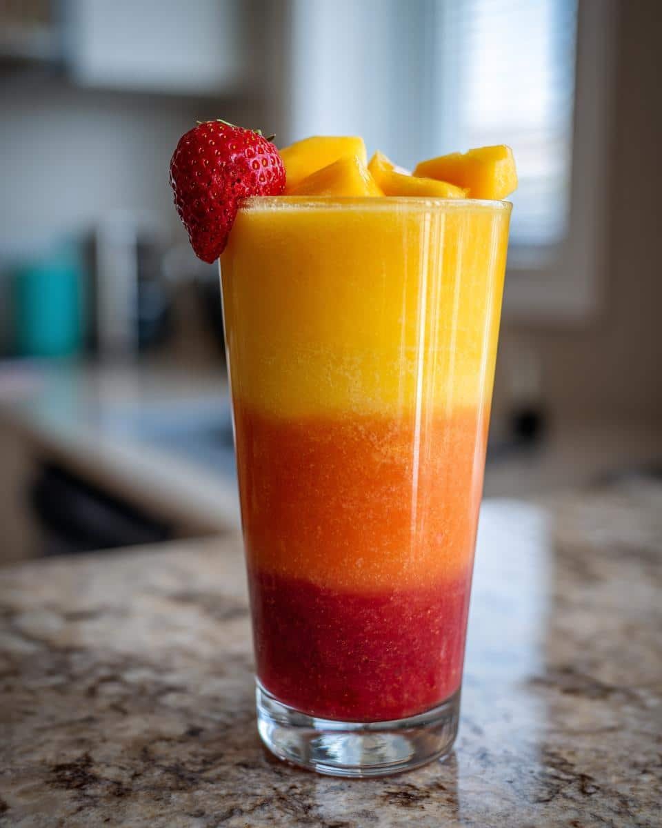 Stunning Refreshing Sunrise Sunset Smoothie Recipe 8 A layered Refreshing Sunrise Sunset Smoothie in a glass, garnished with strawberry and mango chunks.