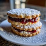 Two stacked Reindeer Linzer Cookies filled with red jam and dusted with powdered sugar.
