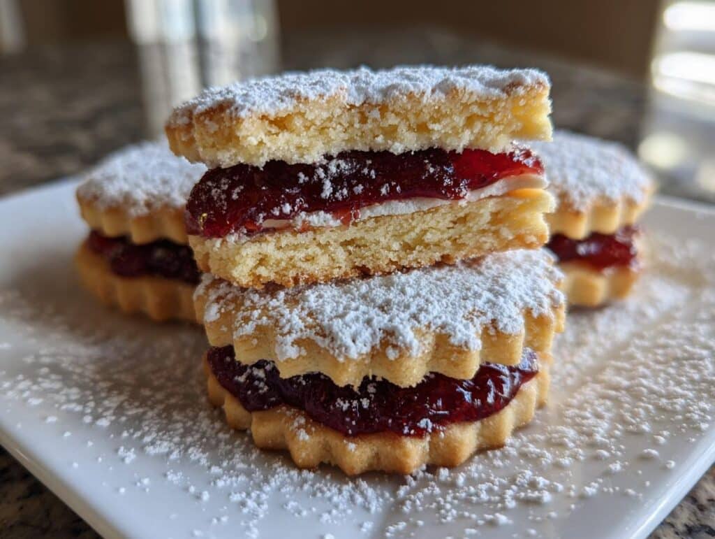 Close-up of stacked Reindeer Linzer Cookies filled with red jam and dusted with powdered sugar.