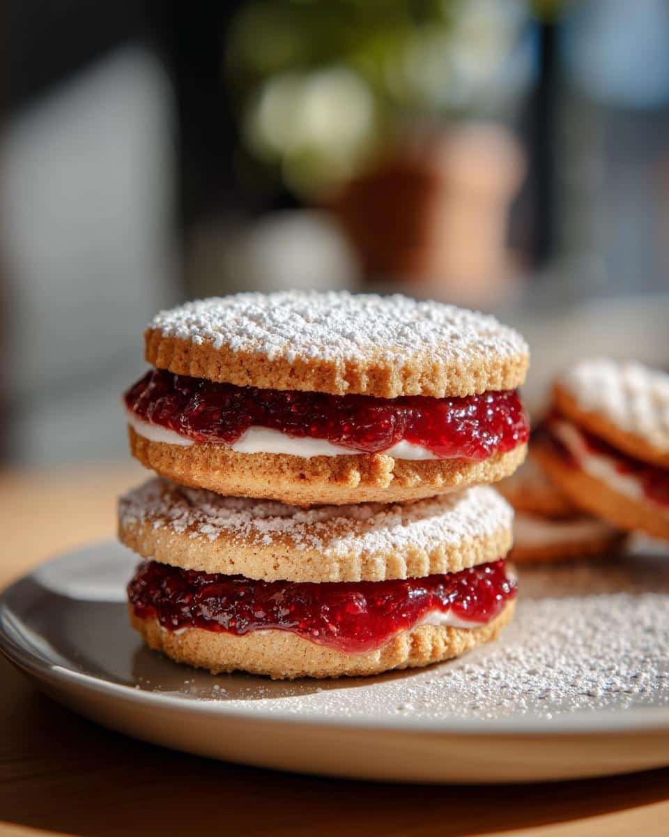 Reindeer Linzer Cookies: 4 Unforgivable Baking Sins 9 A stack of Reindeer Linzer Cookies filled with raspberry jam and powdered sugar on a plate.