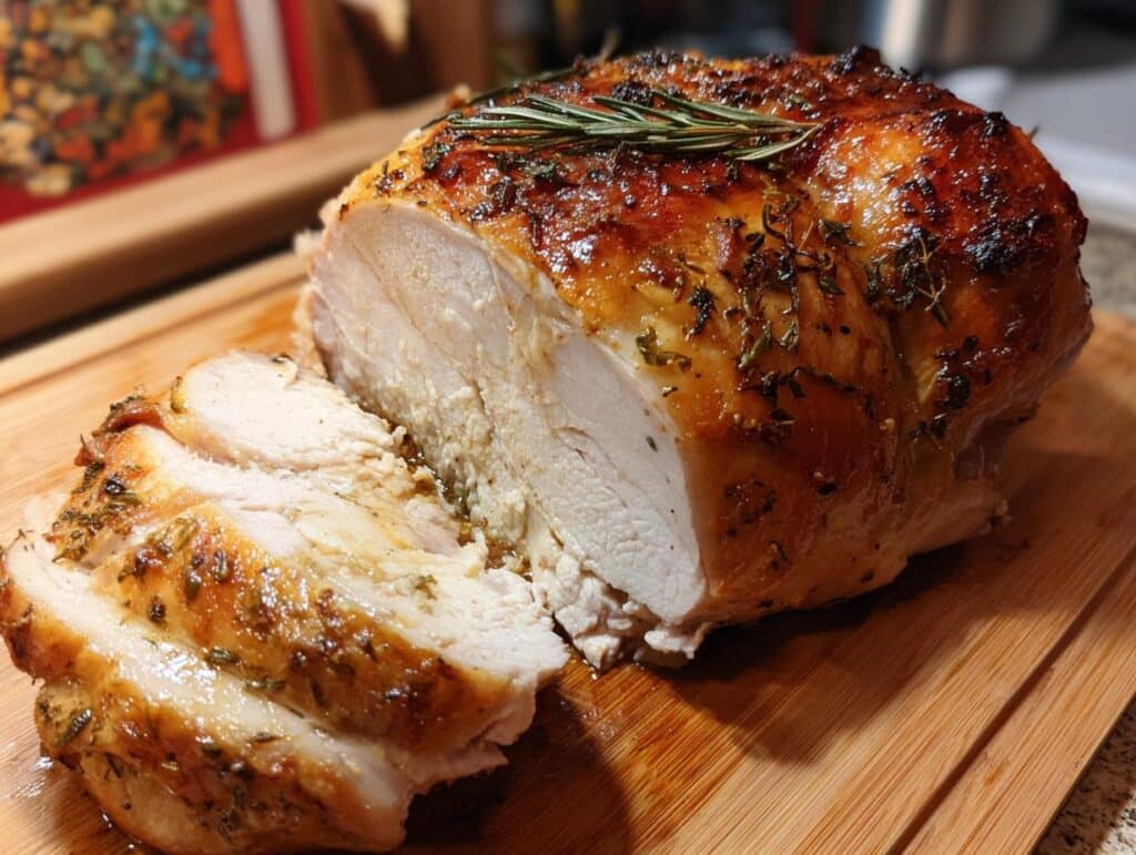 A juicy Roasted Butterball Turkey Breast, sliced and garnished with rosemary, sits on a wooden cutting board.
