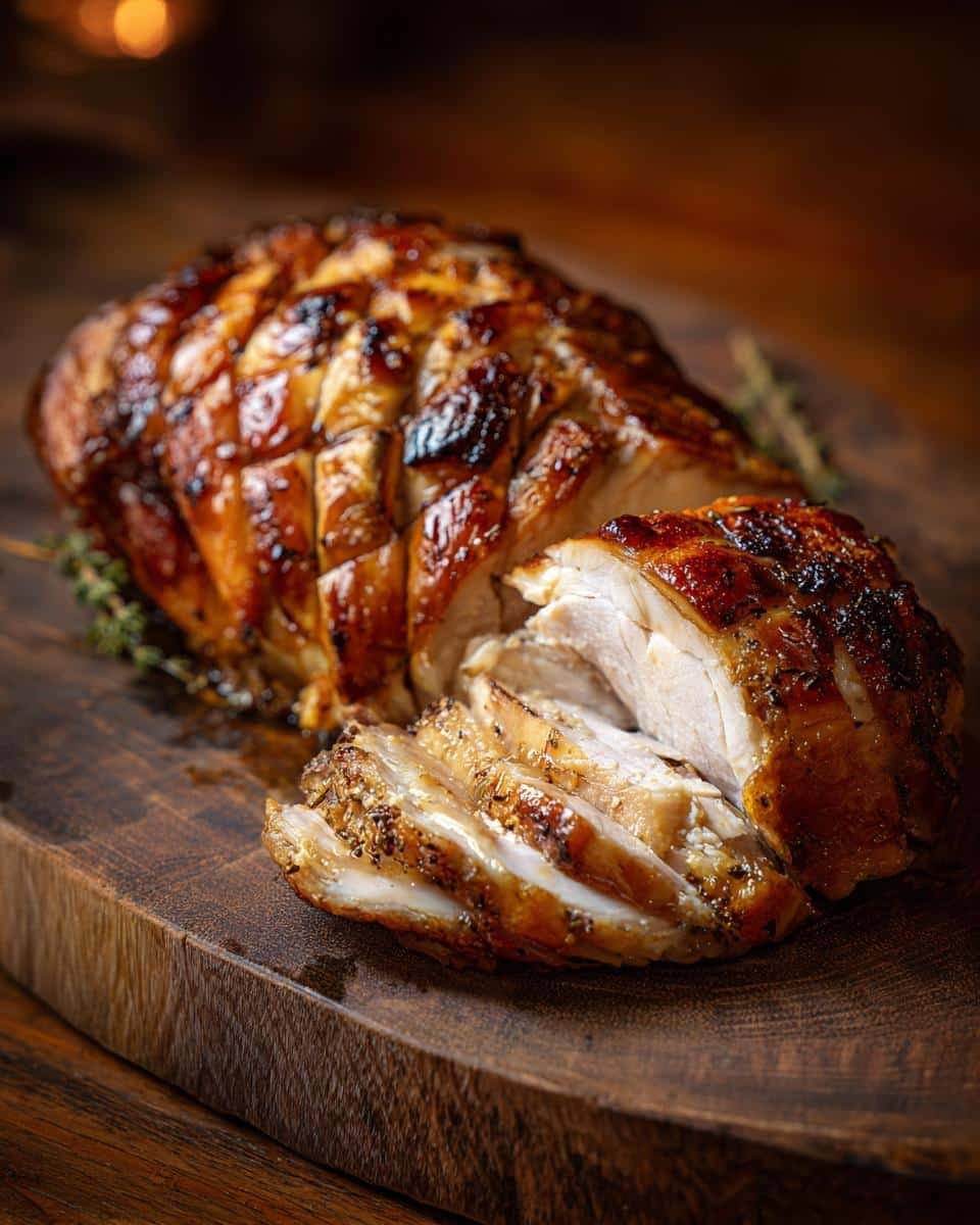 Roasted Butterball Turkey Breast: 2 Hour Thanksgiving Win 8 Close-up of a sliced Roasted Butterball Turkey Breast on a wooden board, garnished with herbs.