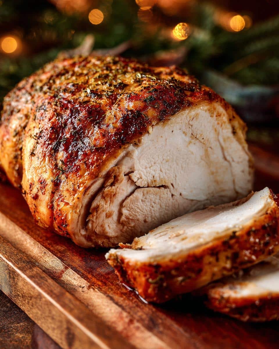 Roasted Butterball Turkey Breast: 2 Hour Thanksgiving Win 9 Close-up of a sliced Roasted Butterball Turkey Breast on a wooden cutting board, ready to serve.