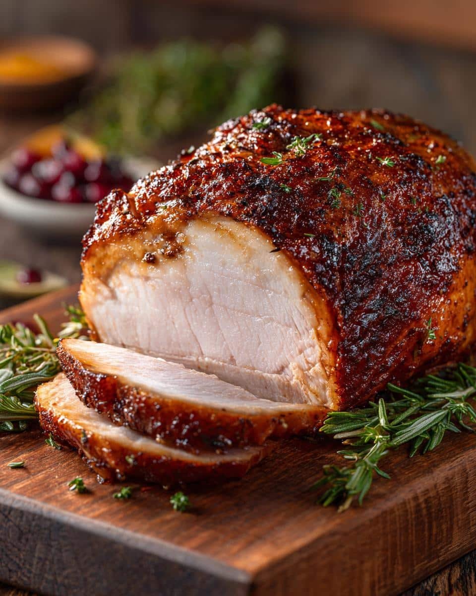 Roasted Butterball Turkey Breast: 2 Hour Thanksgiving Win 6 Close-up of sliced Roasted Butterball Turkey Breast on a wooden board with herbs.