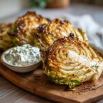 Close-up of Roasted Cabbage Wedges with Tirokafteri dip on a wooden board, showcasing the golden-brown edges.