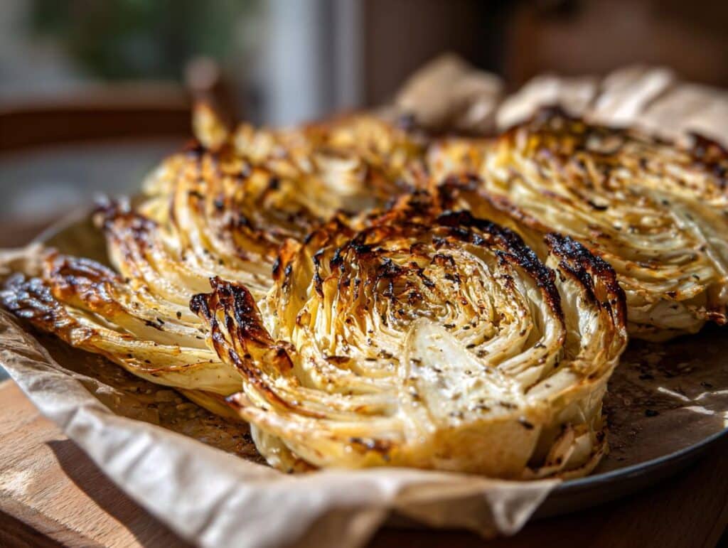 Close-up of Roasted Cabbage Wedges with Tirokafteri, showing the charred edges and layers of the cabbage.