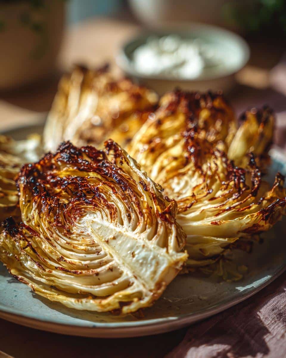 Hate Plain Cabbage? Try 1 Amazing Roasted Cabbage Wedges 6 Close-up of Roasted Cabbage Wedges with Tirokafteri on a plate, showing the caramelized edges and creamy dip.