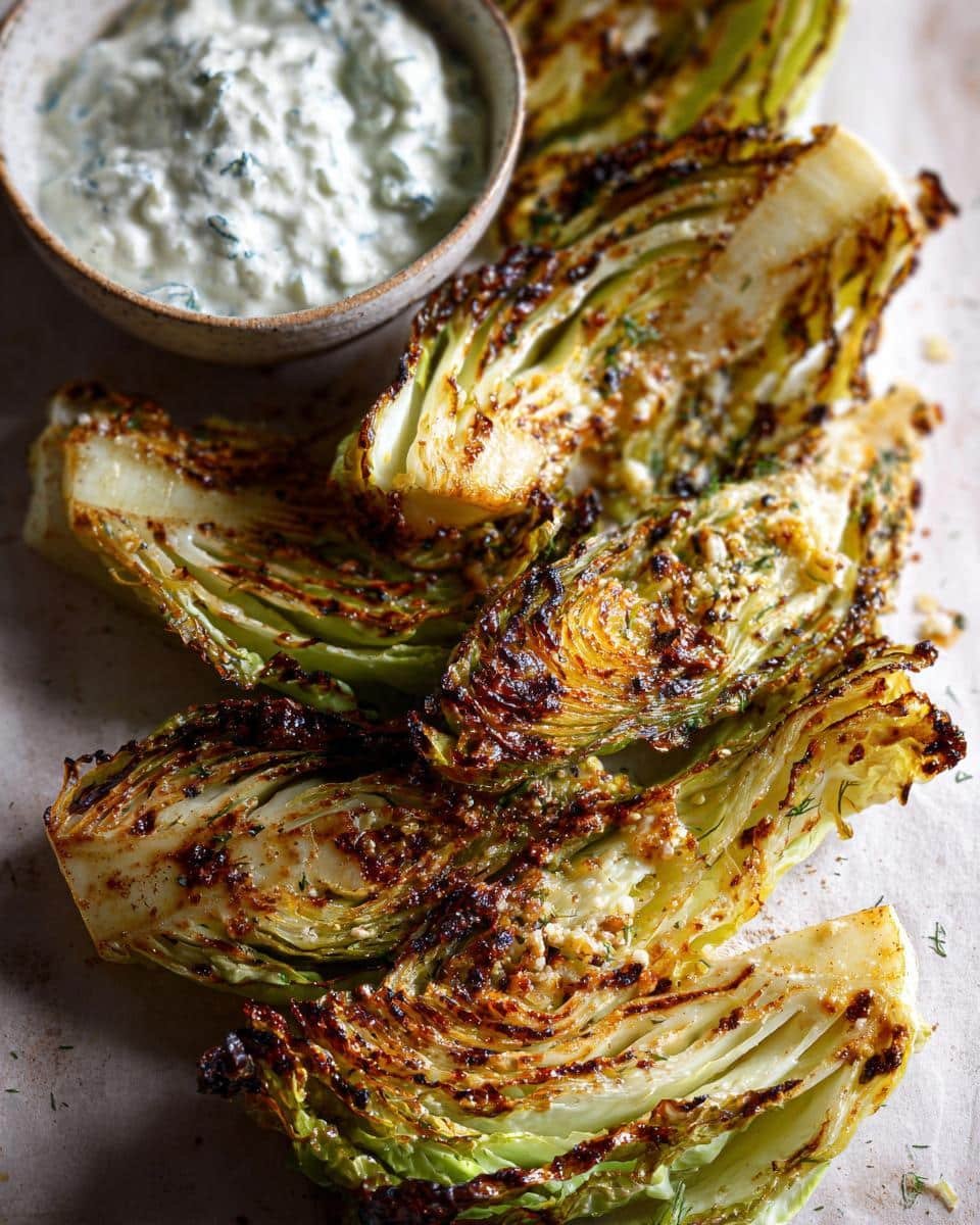 Hate Plain Cabbage? Try 1 Amazing Roasted Cabbage Wedges 7 Delicious Roasted Cabbage Wedges with Tirokafteri dip, golden brown and garnished with herbs.