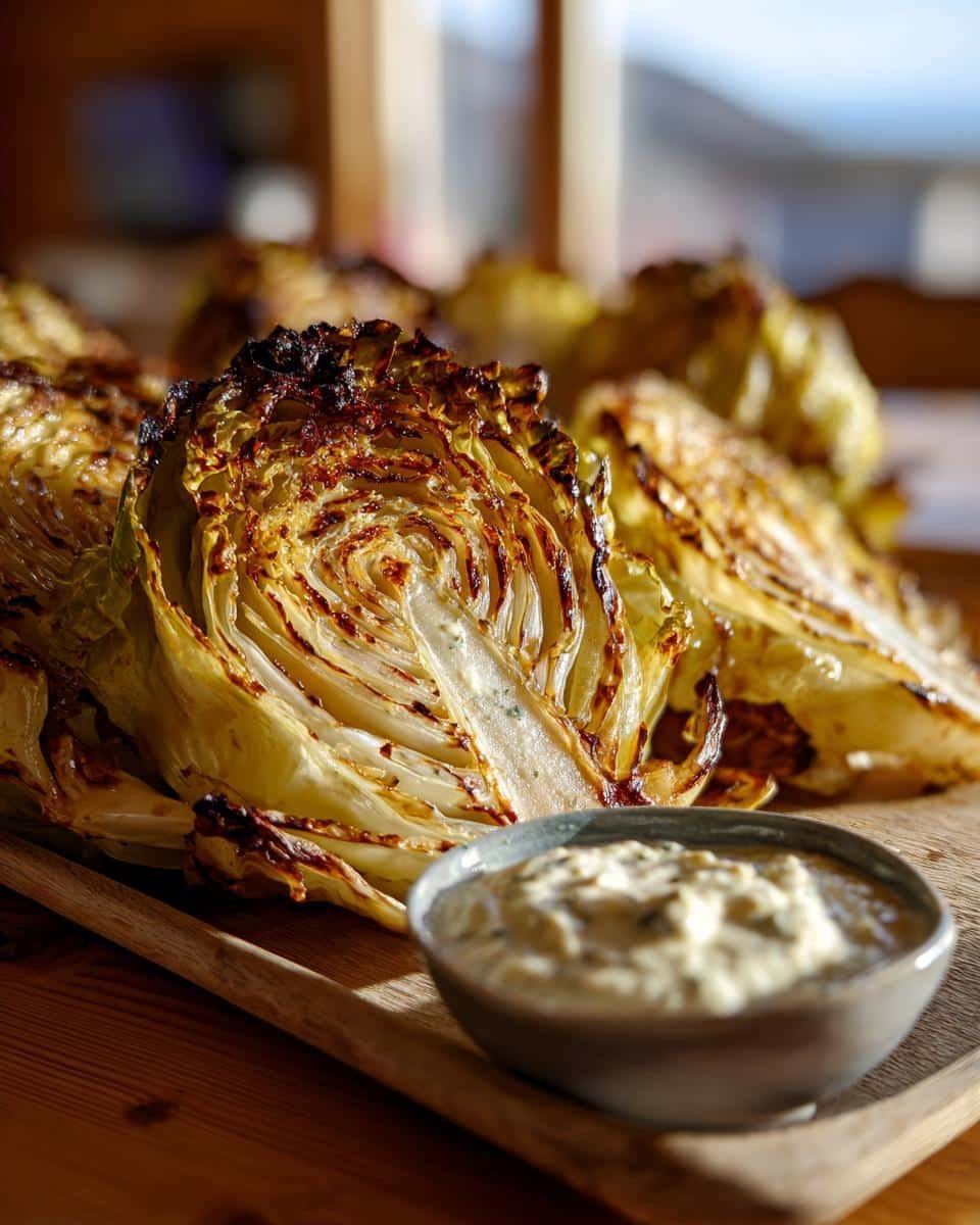 Hate Plain Cabbage? Try 1 Amazing Roasted Cabbage Wedges 8 Close-up of Roasted Cabbage Wedges with Tirokafteri dip on a wooden board, showing the caramelized edges.
