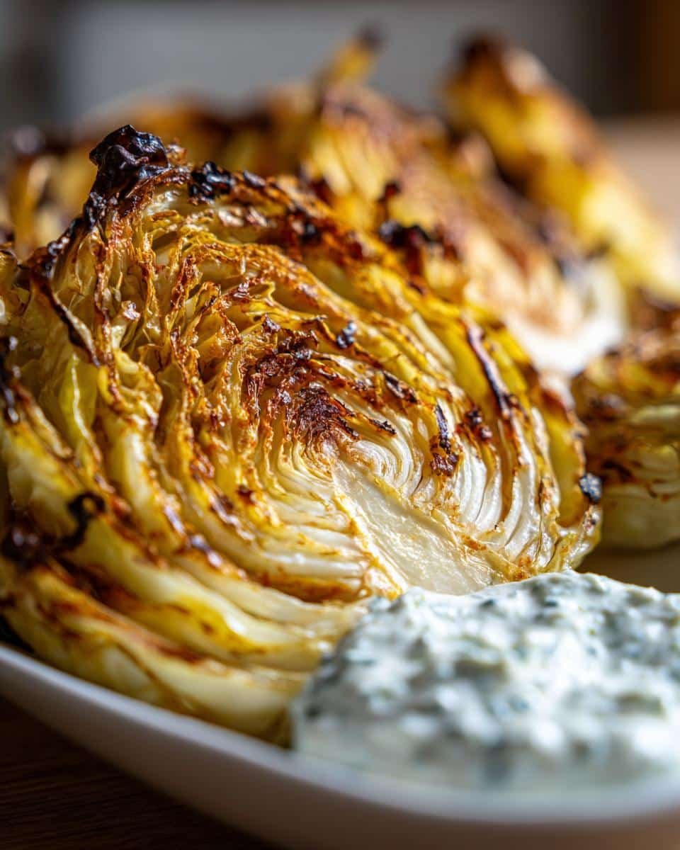 Hate Plain Cabbage? Try 1 Amazing Roasted Cabbage Wedges 9 Close-up of Roasted Cabbage Wedges with Tirokafteri dip, showing the caramelized cabbage and creamy dip.