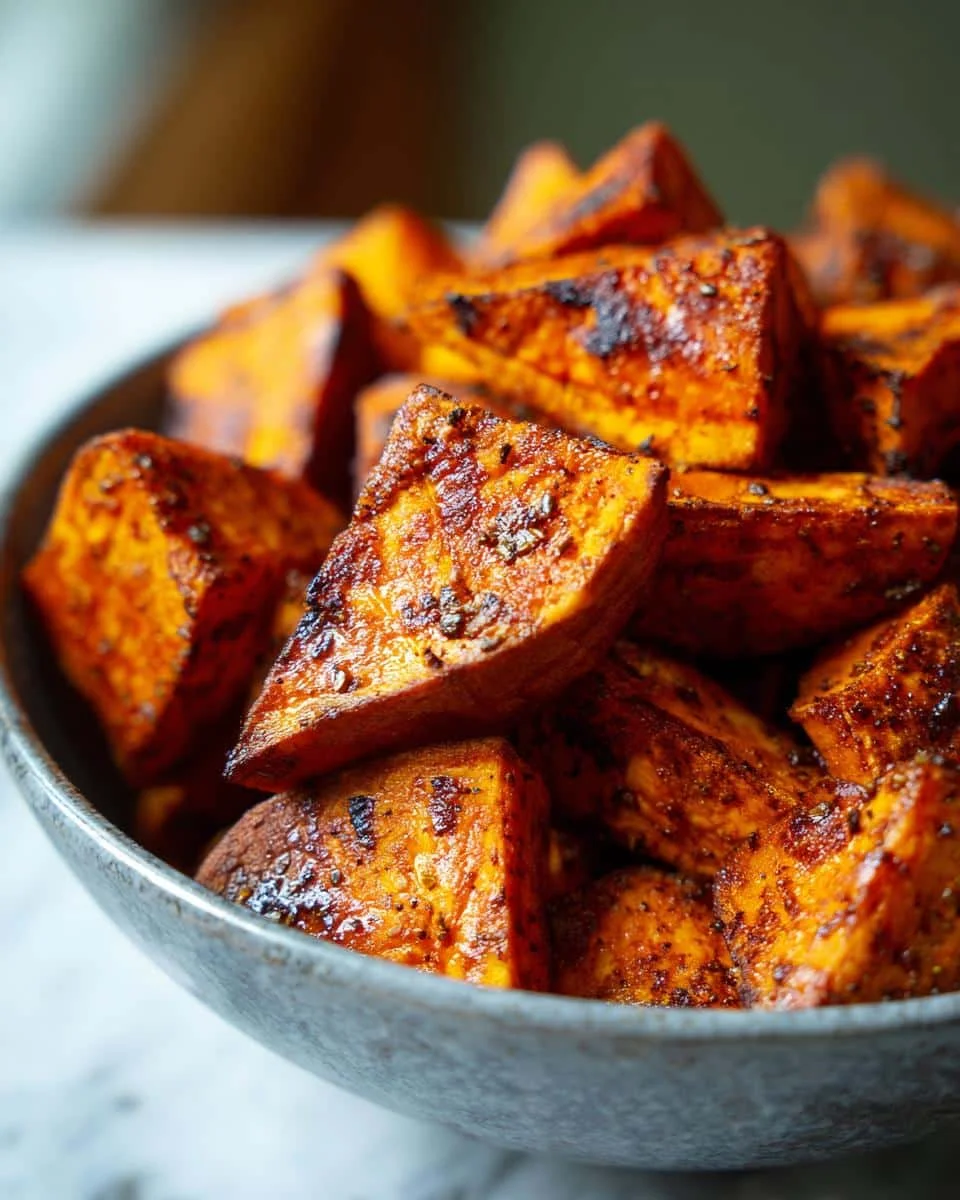 Devastatingly Delicious Roasted Sweet Potatoes Recipe 7 Close-up of a bowl of Roasted Sweet Potatoes with Cinnamon and Honey, showing caramelized edges.