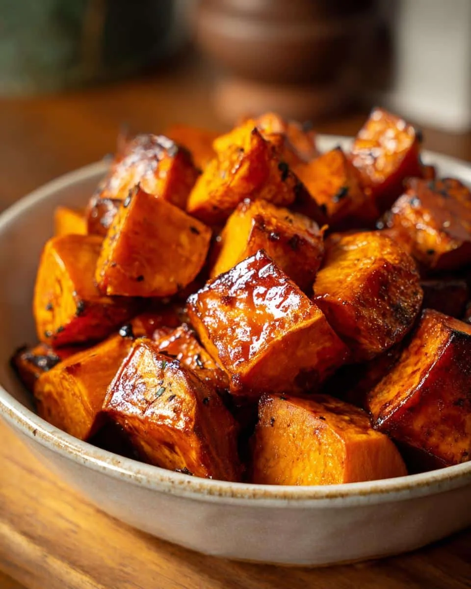Devastatingly Delicious Roasted Sweet Potatoes Recipe 8 Close-up of a bowl of Roasted Sweet Potatoes with Cinnamon and Honey, showing the glaze and roasted texture.