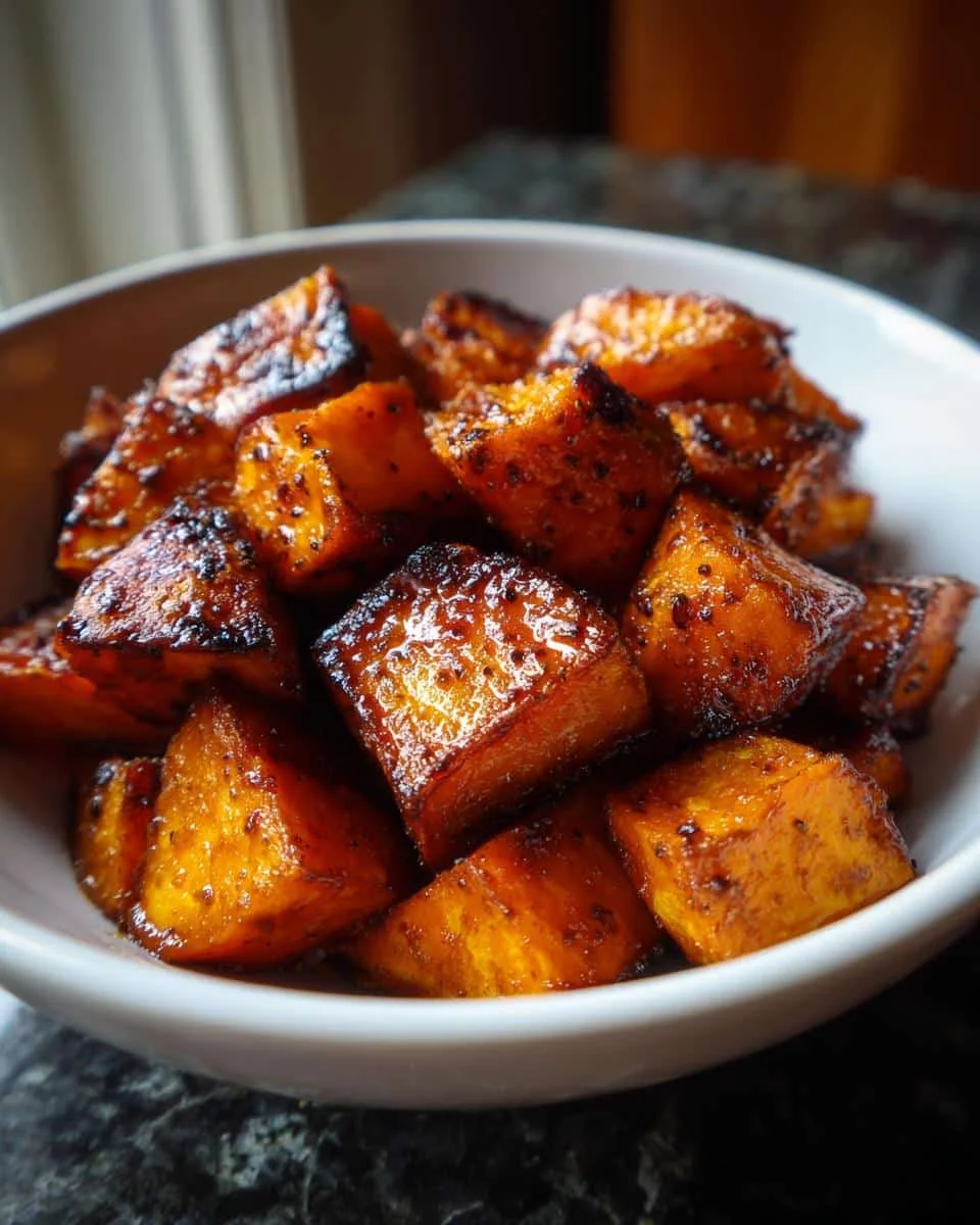 Devastatingly Delicious Roasted Sweet Potatoes Recipe 6 A bowl of glistening Roasted Sweet Potatoes with Cinnamon and Honey, showing their caramelized texture.