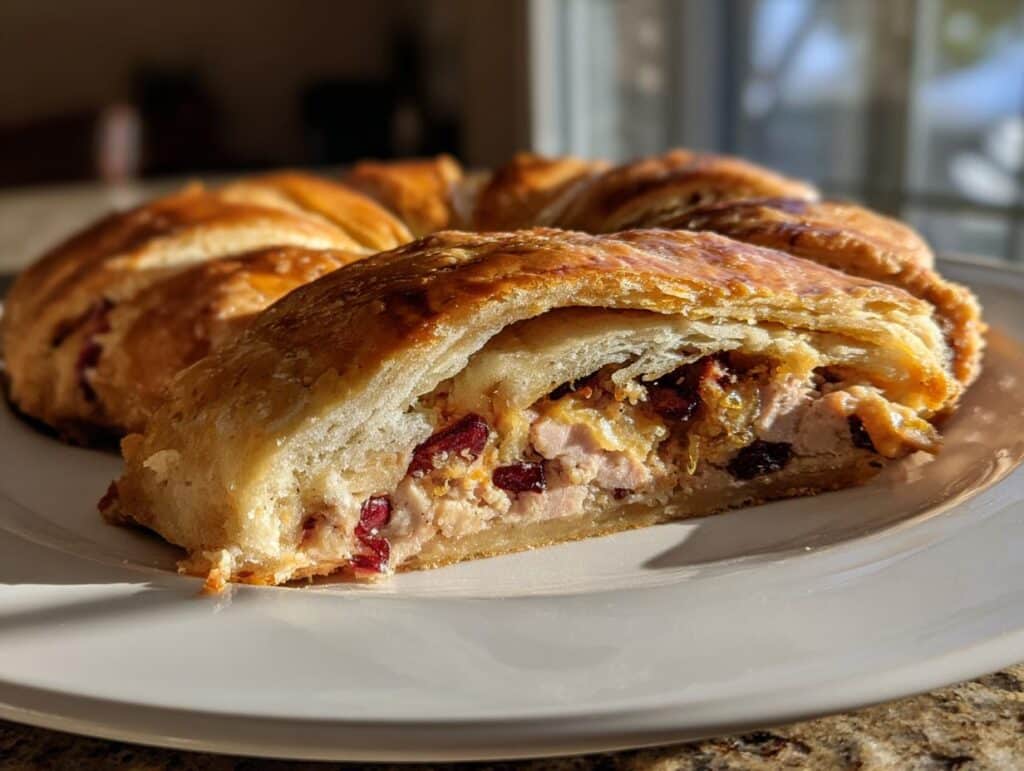 A slice of Savory Turkey and Cranberry Crescent Ring showing flaky crust and filling.