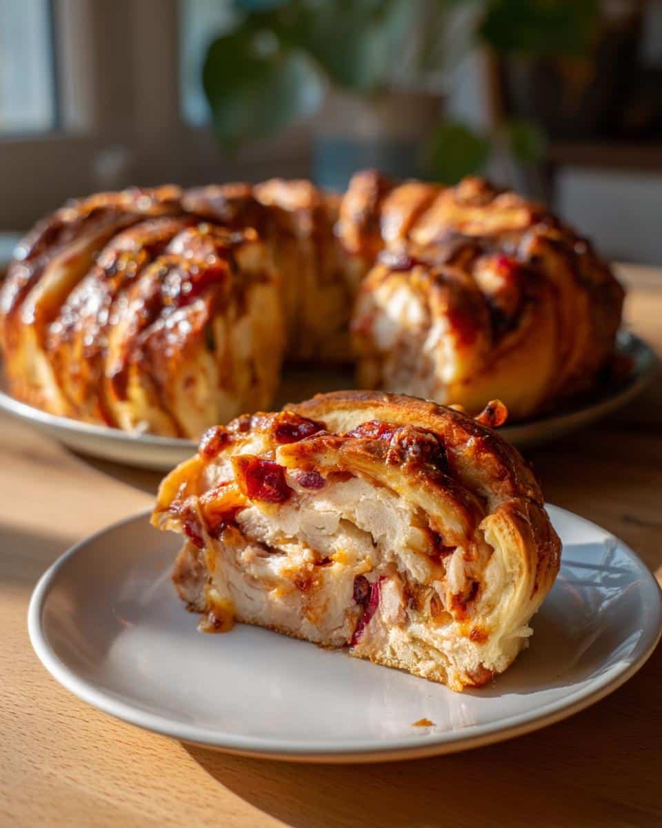 Savory Turkey Ring: Ditch Dreadful Leftovers 7 A slice of Savory Turkey and Cranberry Crescent Ring on a plate, showcasing the layers of turkey, cranberry, and flaky crust.